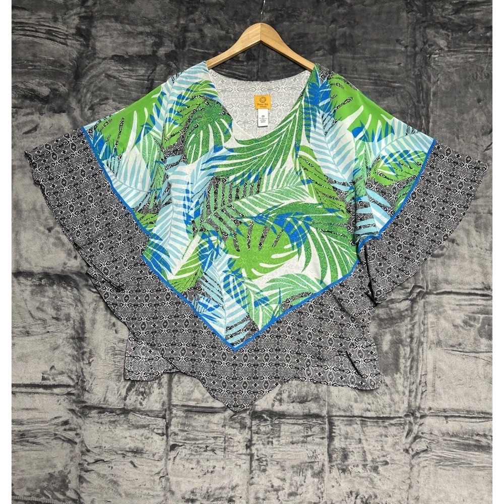 Ruby Rd Women's  2X Poncho V Neck Top‎ Tropical Palm Print Cruise Boho Resort
